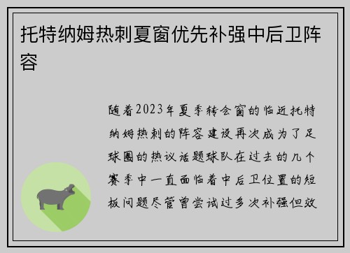 托特纳姆热刺夏窗优先补强中后卫阵容